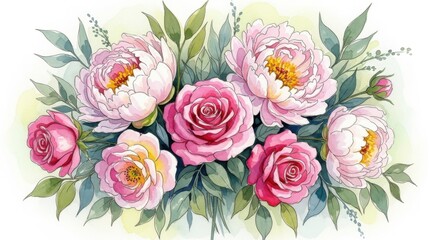 Elegant floral arrangement featuring pink roses and peonies in watercolor style