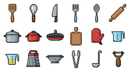 Collection of pixel art kitchen utensils and cookware icons including a pot, pan, knife, and spatula in a retro 8-bit video game style illustration for a culinary theme