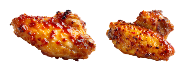 Crispy fried chicken wing glazed with sweet and spicy sauce PNG set with transparent background