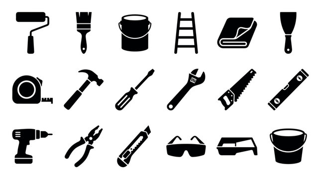 Black silhouette icons of construction and repair tools for home improvement and DIY projects, including a hammer, saw, drill, and paint roller in a graphic vector set