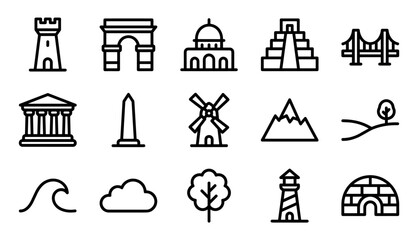 Set of minimalist black outline travel icons representing famous world landmarks, architecture, and nature symbols like a pyramid, bridge, windmill, and mountain for graphic design