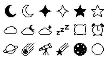 Set of black pixel art icons related to night, sleep, and space, featuring a moon, stars, clouds, planet, and telescope in a retro 8-bit video game style graphic