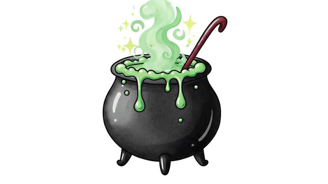Bubbling Green Potion In Black Cauldron With Ladle On White Background
