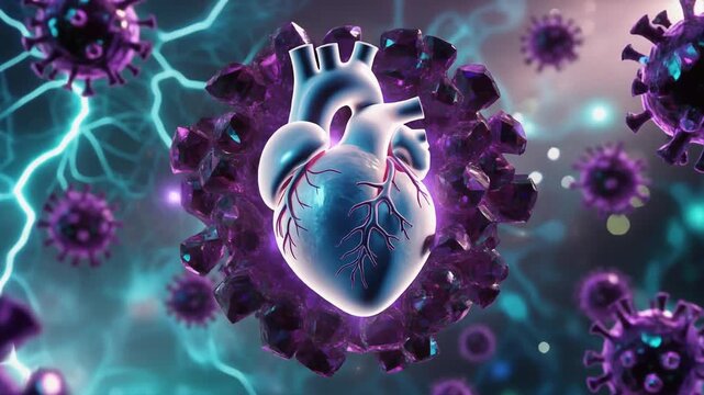 Detailed digital illustration of a glowing human heart enveloped by numerous coronavirus pathogens in vibrant purple hues with electric blue neural