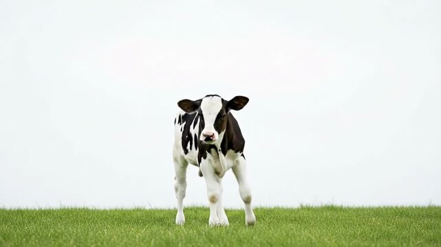 Young Holstein Friesian calf standing in a green grassy field.