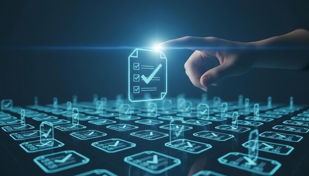 Digital checklist verification for efficient task management, online approval processes, and secure system compliance in a futuristic interface.
