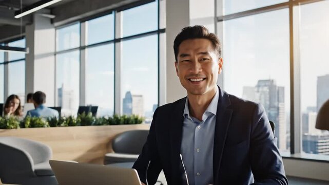 Focused professional smiling while working on a laptop at the office with business environment and partners