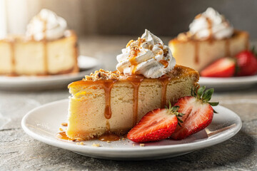 Delicious slice of cheesecake with caramel sauce, whipped cream, and fresh strawberries