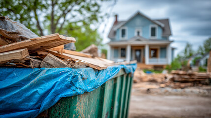 Large construction dumpster filled with wooden debris and covered with blue tarp in front of a house undergoing renovation on a cloudy day