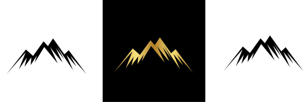 Set of minimalist mountain range logo icons in black and gold, featuring sharp peaks and jagged silhouettes for outdoor branding.