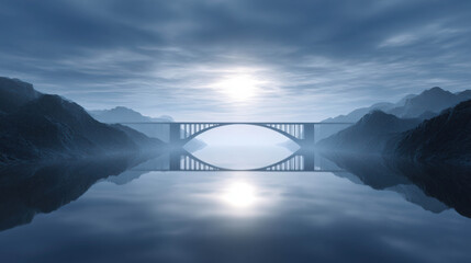 Tranquil Floating Bridge Connecting Lush Mountains Under Soft Light Reflected on Calm Water