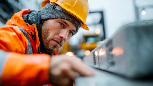 Construction worker wearing a safety helmet inspecting metal beams at an industrial site, symbolizing quality control, engineering, and professional craftsmanship