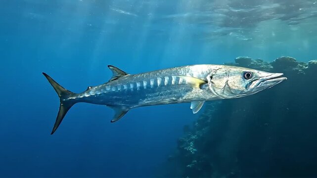 Majestic King Mackerel Swimming Gracefully in Clear Blue Ocean Water - Underwater Wildlife Photography for Marine Life and Fishing Themes