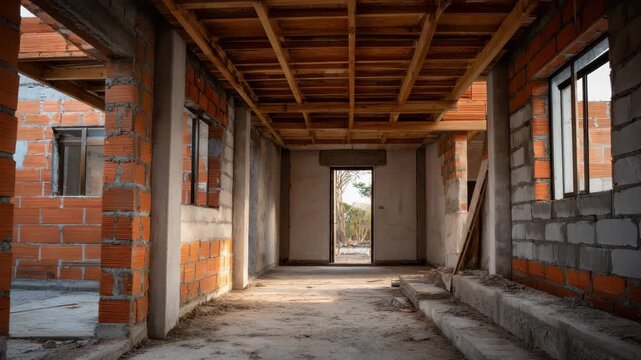 Unfinished interior of residential building construction with exposed brick wall concrete floor wooden ceiling formwork natural light creating calm worksite atmosphere and open doorway revealing