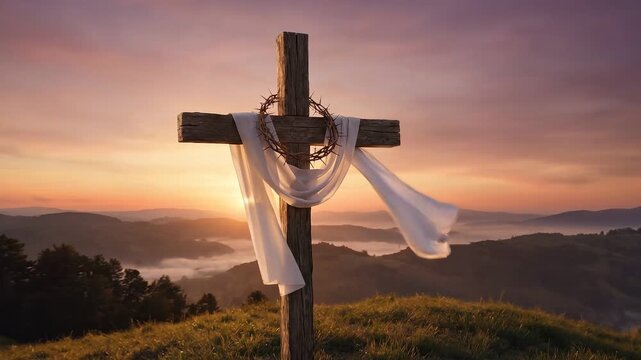 Wooden cross with crown of thorns and white cloth at sunrise over misty mountains, Easter resurrection symbol footage