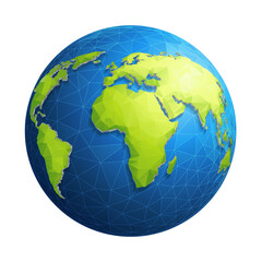Fototapeta premium 3D Low Poly Globe Earth Map on Blue Sphere, Global Connectivity and Environmental Sustainability Concept, Isolated Isometric Icon on Transparent Background