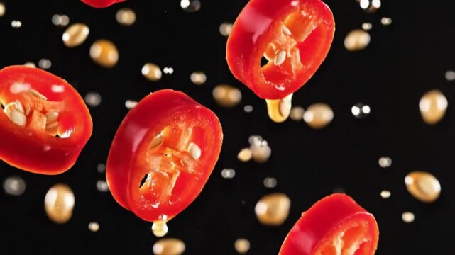 4K slow-motion close up shot of red chili peppers sliced and tumbling downwards against a black background.