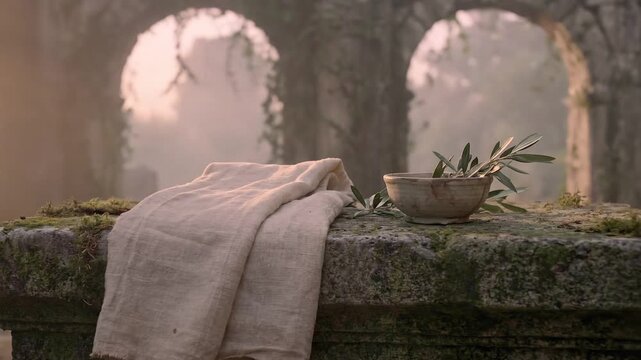 Burial cloth and olive branch changing with light on a mossy stone altar with ancient archways in the background footage