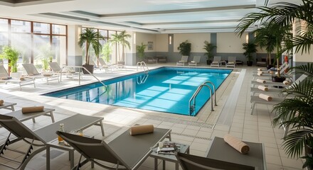 Fototapeta premium Indoor swimming pool with lounge chairs and decorative palm trees