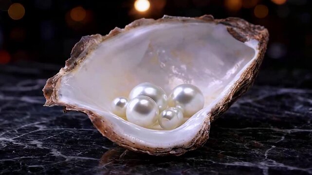 Open oyster shell with glowing pearls on dark background representing luxury elegance and natural treasure
