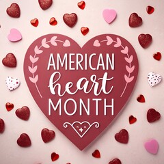 American Heart Month A heart-shaped graphic with the words 'American Heart Month' surrounded by small hearts