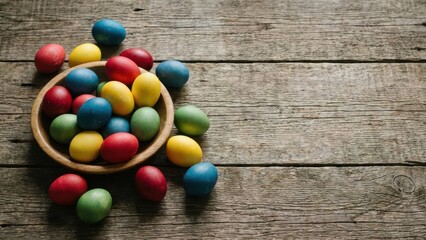Colorful ornate decoration Easter eggs on wooden background with easter, colours, celebration, wooden, background, white, egg