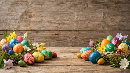 Colorful ornate decoration Easter eggs on wooden background with wooden, white, easter, background, colours, celebration, egg