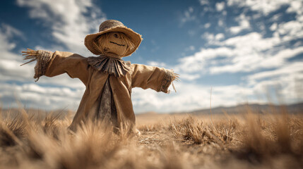 Rustic scarecrow standing in a dry field under a dramatic cloudy sky, capturing the essence of autumn harvest and rural farmland atmosphere