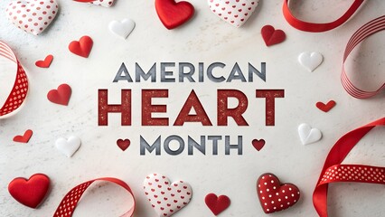 American Heart Month A festive graphic design celebrating American Heart Month with hearts and ribbons