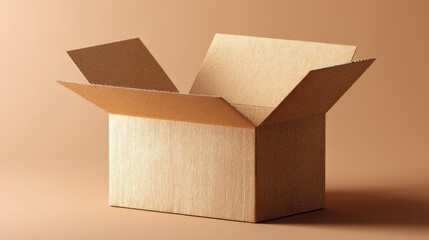Empty cardboard box with open flaps on a brown background, ready for product packaging or shipping, concept of delivery or unboxing.