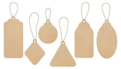 Kraft paper tags collection. Realistic blank labels on string in round, square, oval, rectangular and rhombus shapes, cardboard price tag mockups, vector branding elements on transparent background