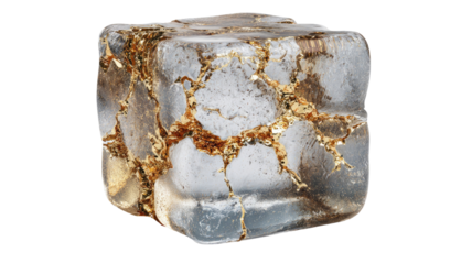 A fresh crystal ice cube isolated on white creates a healthy snack object alongside a slice of brown baked bread toast for a breakfast tea