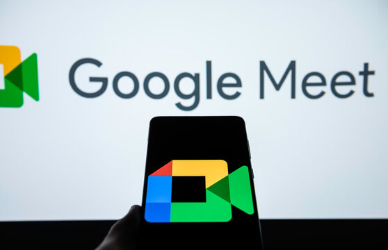 Google Meet logo on smartphone infront of their logo background. Link&ouml;ping, &Ouml;sterg&ouml;tland, Sweden. 01-15-2025.