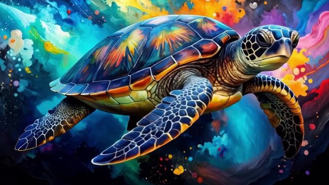 sea turtle with a colorful shell swims slowly in colorful the water in close-up