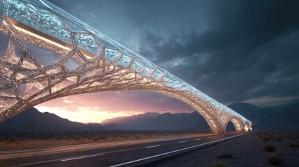 Obraz premium Futuristic translucent archway over desert road. Concept of modern architecture and infrastructure for travel and innovation.
