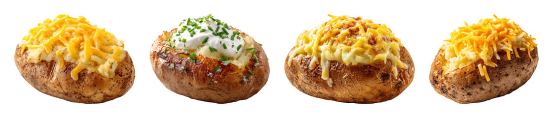 Delicious baked potato with various toppings PNG set with transparent background