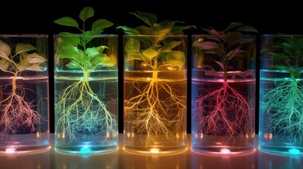 Five plants with visible root systems growing in clear glass vases filled with water, illuminated with colorful lights. Hydroponic science display.