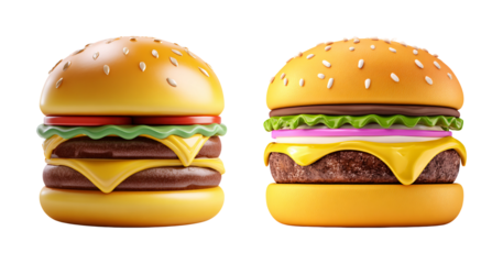 Delicious cheeseburger illustration with melted cheese and sesame seed bun PNG set with transparent background