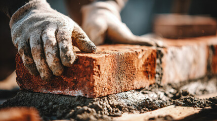 Worker wearing protective gloves laying a row of red bricks on wet cement mortar during construction work under natural daylight conditions