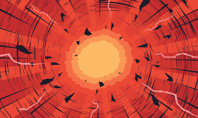Fiery red and orange comic book explosion background with radial speed lines, shattered fragments, and glowing central energy burst.