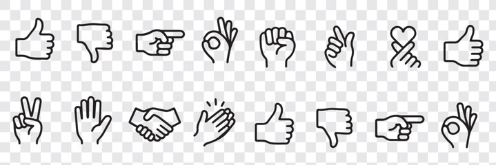 Hand gestures icon set. Contains such icons as handshake, clapping hands, horns, thumb up finger, middle finger, helping hand, heart, fingers crossed, fist, direction, like, unlike and more 