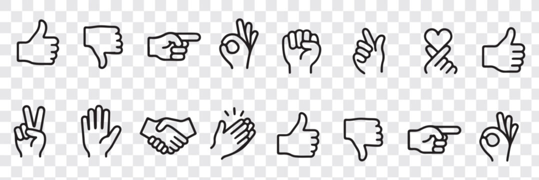 Hand gestures icon set. Contains such icons as handshake, clapping hands, horns, thumb up finger, middle finger, helping hand, heart, fingers crossed, fist, direction, like, unlike and more 