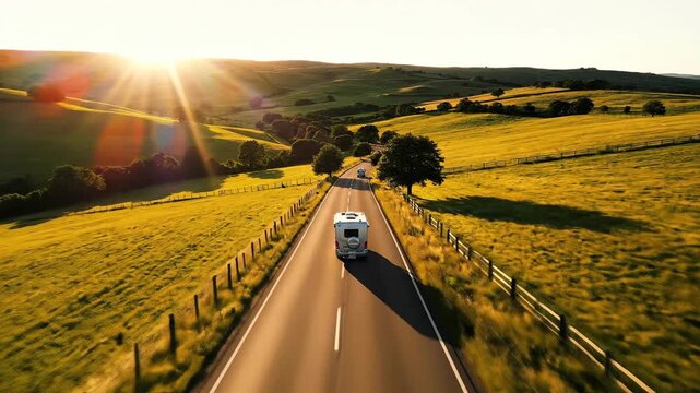 Camper Van Traveling Road Trip Countryside Sunset Golden Hour Aerial