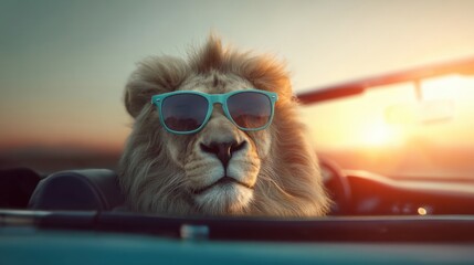 Lion wearing cool sunglasses driving a car at sunset. Funny animal character concept for humor and cheerful vacation theme.