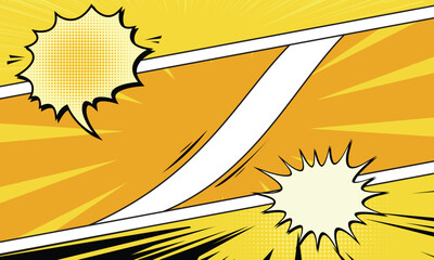 Vibrant yellow comic book template featuring empty speech bubbles, burst effects, and radial sunburst background.