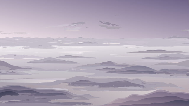 Calming abstract art of soft fog banks in pearl gray to lavender mist gradients, enveloping haze, qu