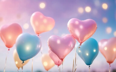 Close-up of love-shaped balloons with dreamy bokeh, pastel sky backdrop 
