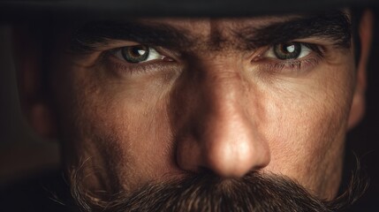 Obraz premium Closeup portrait of a man looking directly at the camera with intense eyes and a mustache. Strength and masculinity concept.