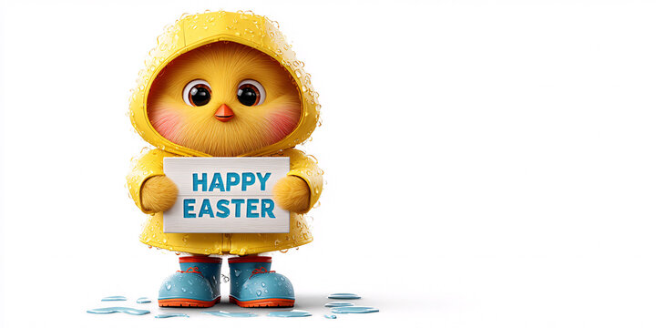 Cute cartoon chick in yellow raincoat and boots holding Happy Easter sign, ready for spring celebration