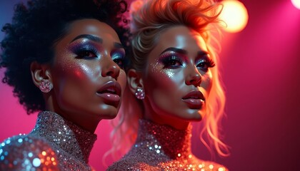 Obraz premium Two glamorous women posing with vibrant makeup under colorful lights 